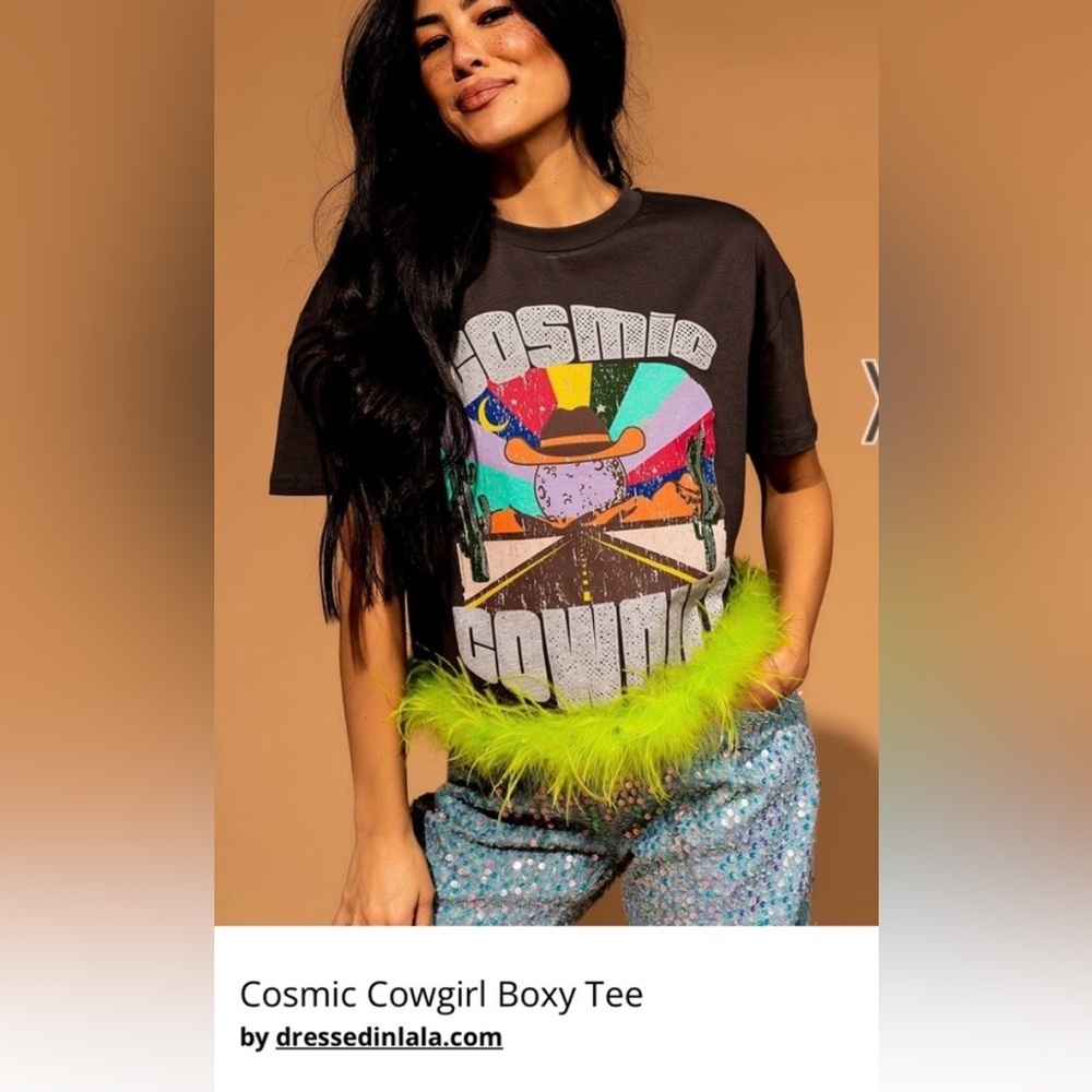 DIL Cosmic Cowgirl Tee with green Feather Trim